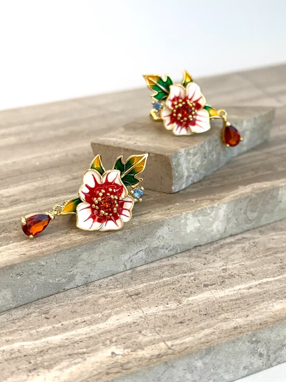 NEW ~ Anthropologie Enamel Flower Crystal Drop Lever Back Earrings - Picture 12 of 16
